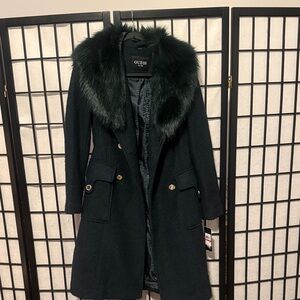 GUESS Women's Dark Green Trench Coat with Faux Fur Collar